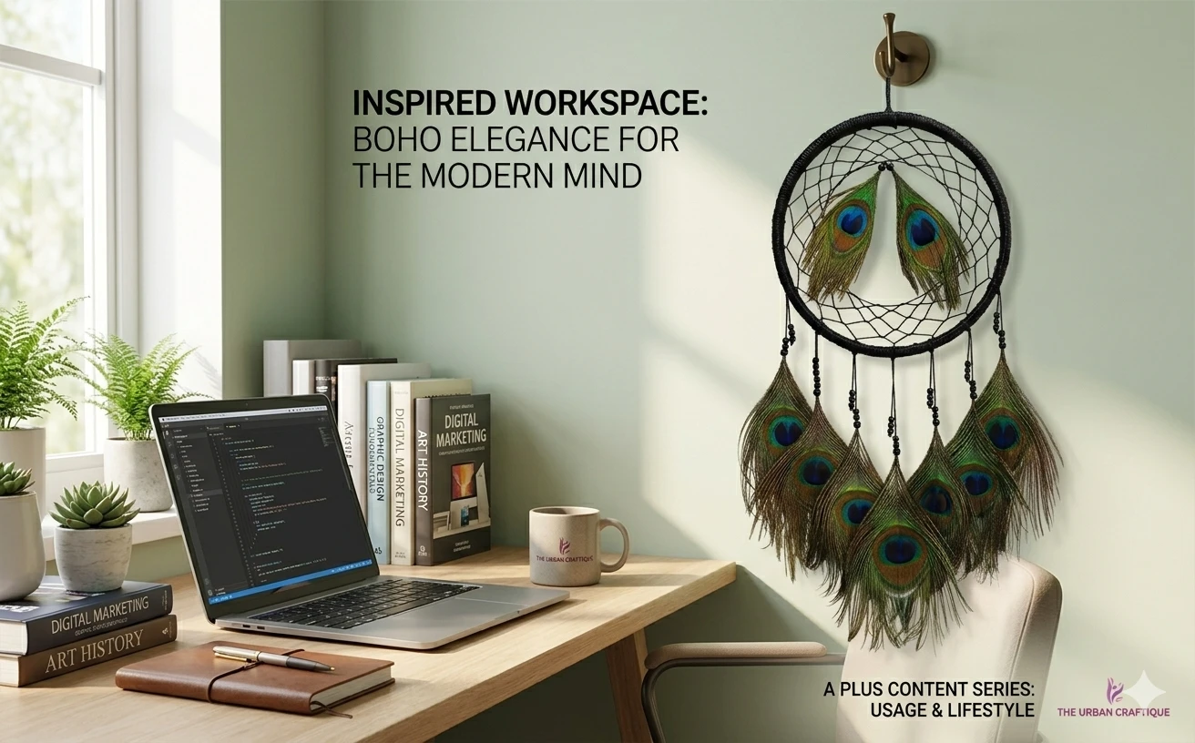 THE URBANCRAFTIQUE Peacock Feather Dream Catcher Wall Hanging – Handmade Home Décor A+ content image