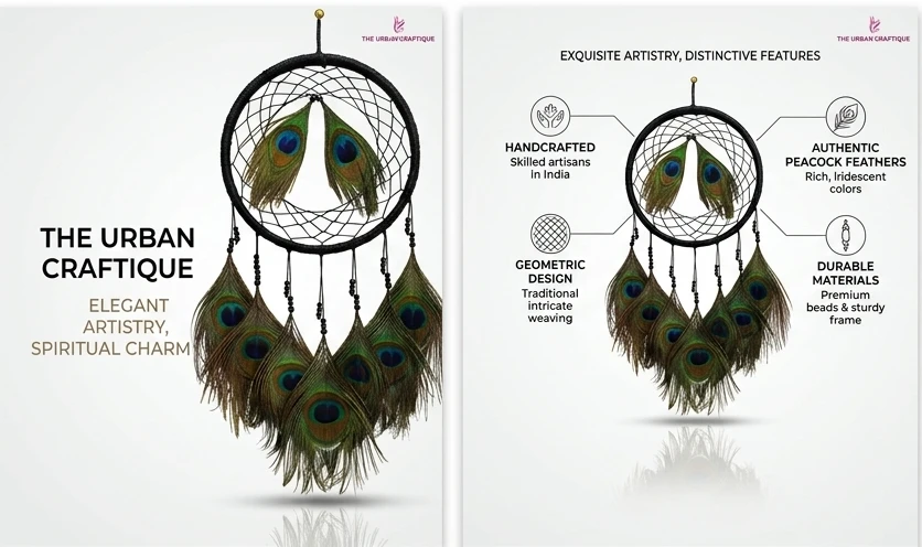 THE URBANCRAFTIQUE Peacock Feather Dream Catcher Wall Hanging – Handmade Home Décor A+ content image