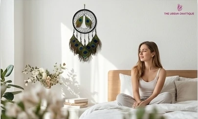 THE URBANCRAFTIQUE Peacock Feather Dream Catcher Wall Hanging – Handmade Home Décor A+ content image
