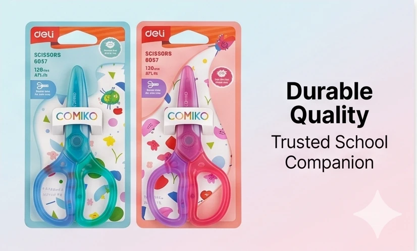 Deli COMIKO 120mm Kids Safety Scissors – Ergonomic Comfort Grip & Precision Blades for Arts, Crafts, and School (Blue/Pink Variants) A+ content image