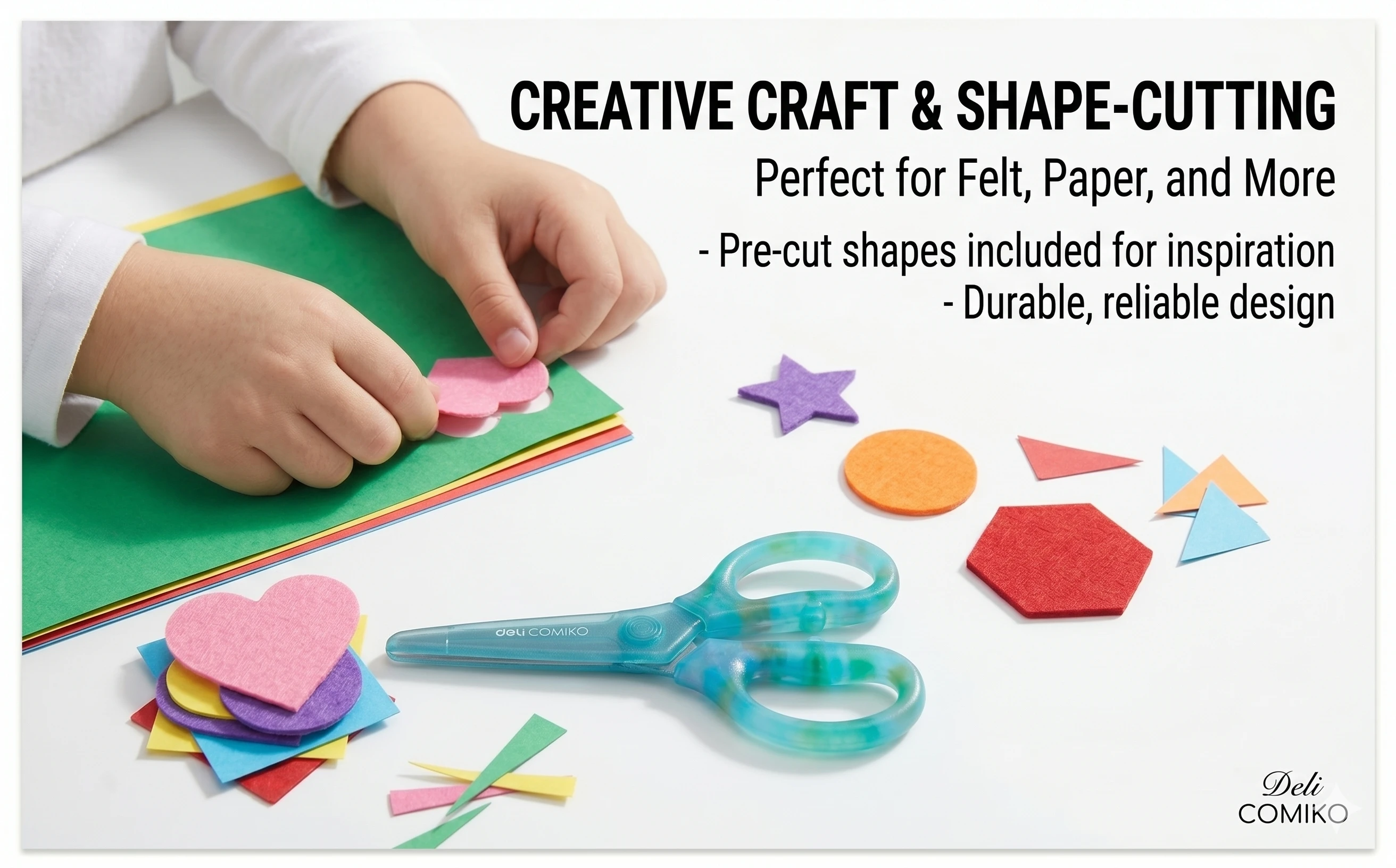 Deli COMIKO 120mm Kids Safety Scissors – Ergonomic Comfort Grip & Precision Blades for Arts, Crafts, and School (Blue/Pink Variants) A+ content image
