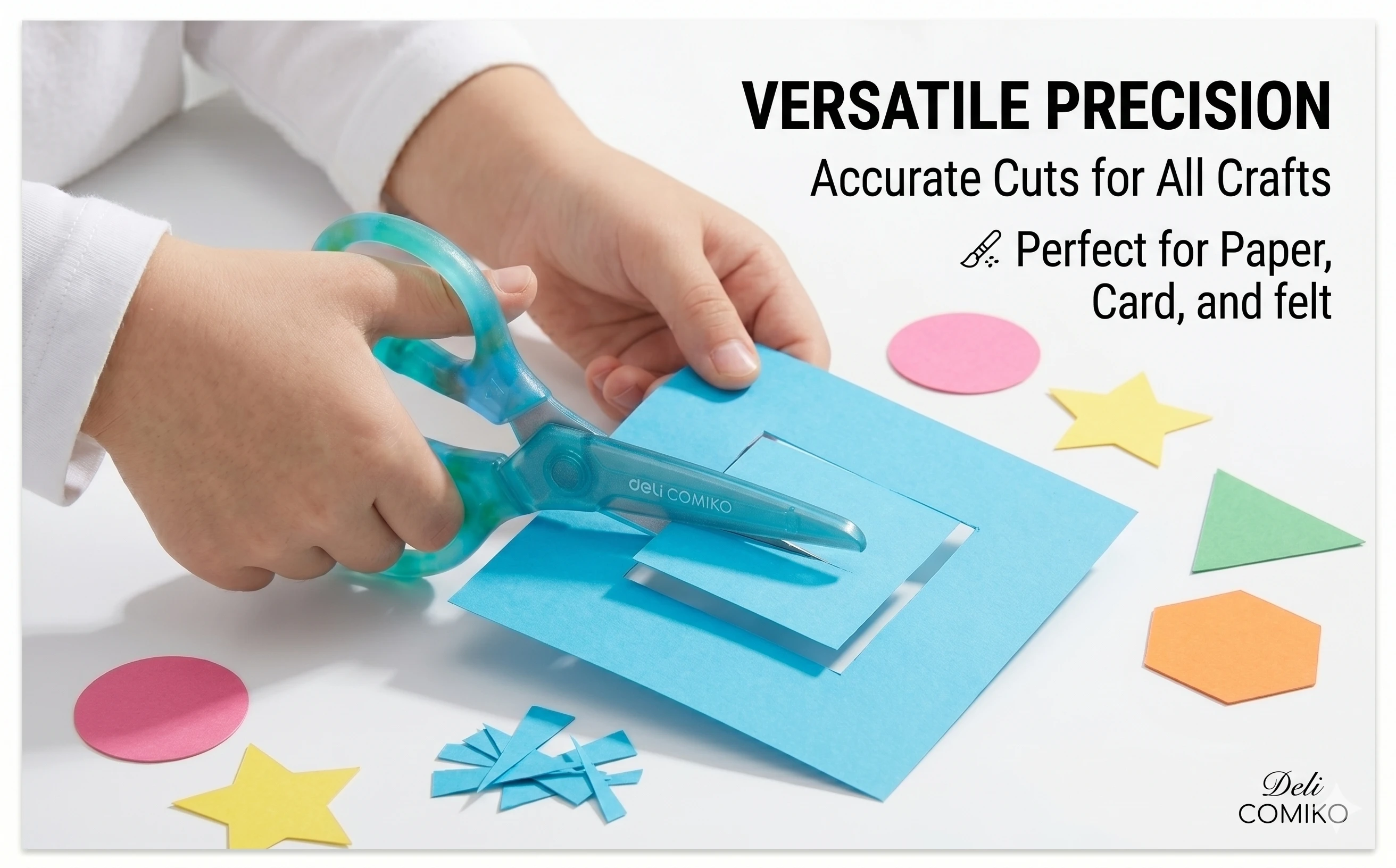 Deli COMIKO 120mm Kids Safety Scissors – Ergonomic Comfort Grip & Precision Blades for Arts, Crafts, and School (Blue/Pink Variants) A+ content image