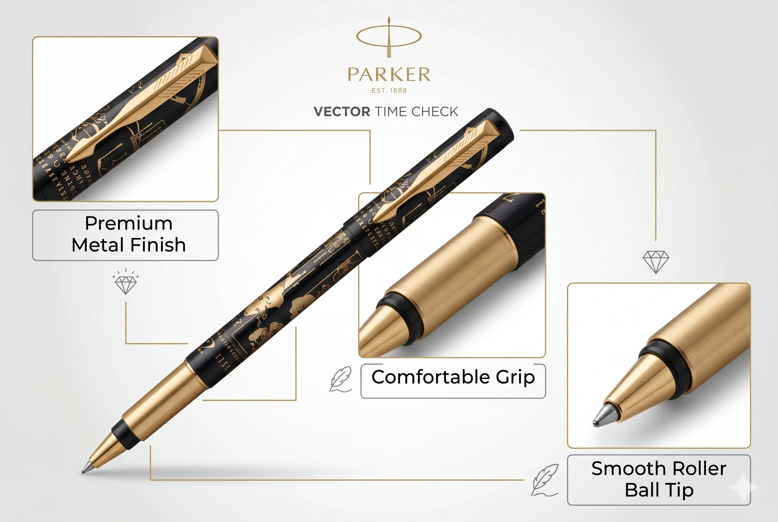 Parker Vector Time Check Rollerball Pen & Journal Gift Set – Limited Edition World Map Design with Gold-Etched Detail A+ content image