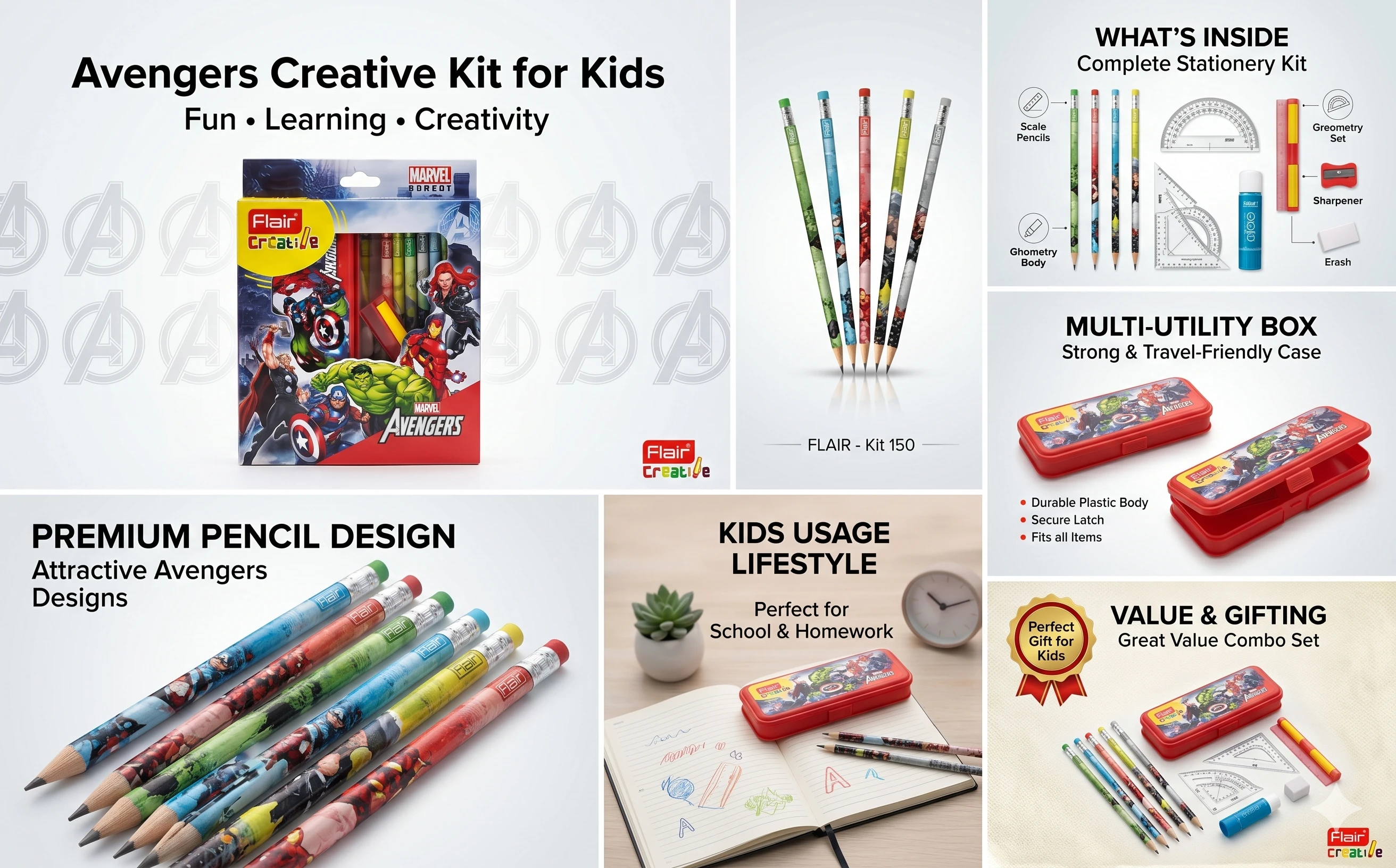Flair Creative Marvel Avengers Executive Stationery Combo – Premium Multi-Utility Art Kit with Geometry Set and Travel-Friendly Case A+ content image