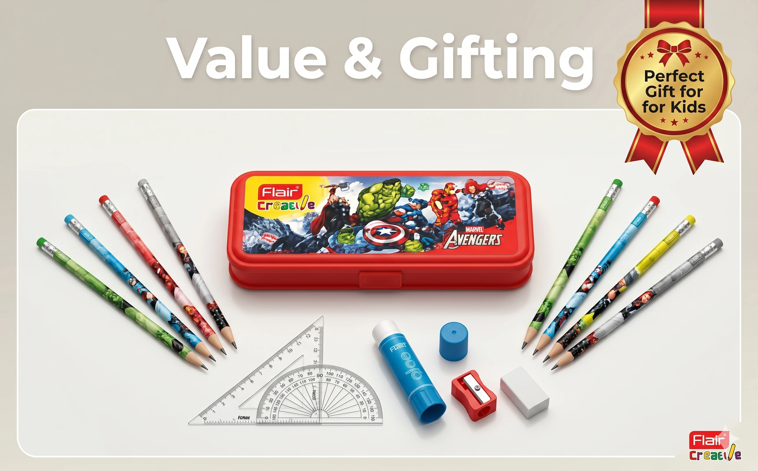 Flair Creative Marvel Avengers Executive Stationery Combo – Premium Multi-Utility Art Kit with Geometry Set and Travel-Friendly Case A+ content image