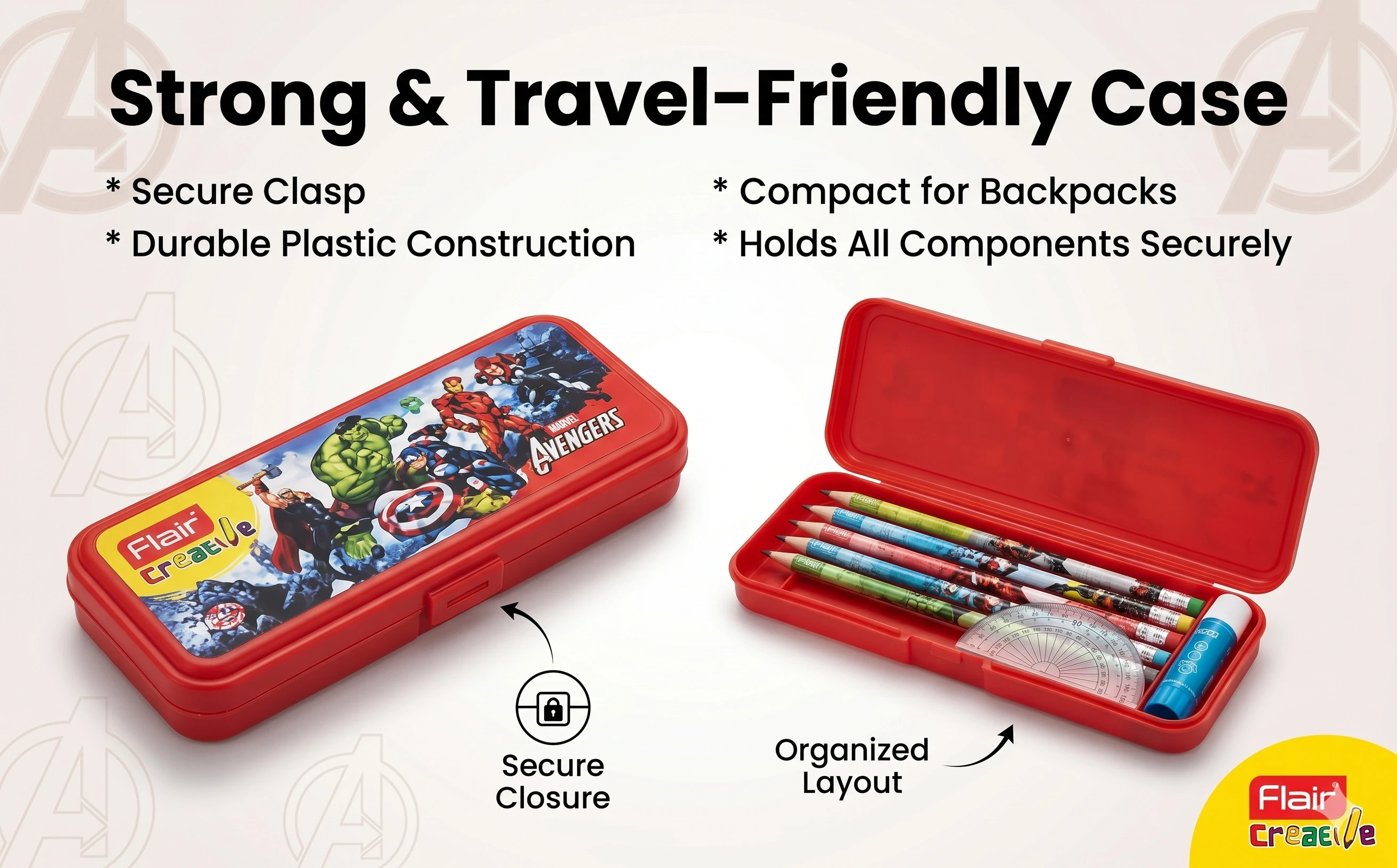 Flair Creative Marvel Avengers Executive Stationery Combo – Premium Multi-Utility Art Kit with Geometry Set and Travel-Friendly Case A+ content image