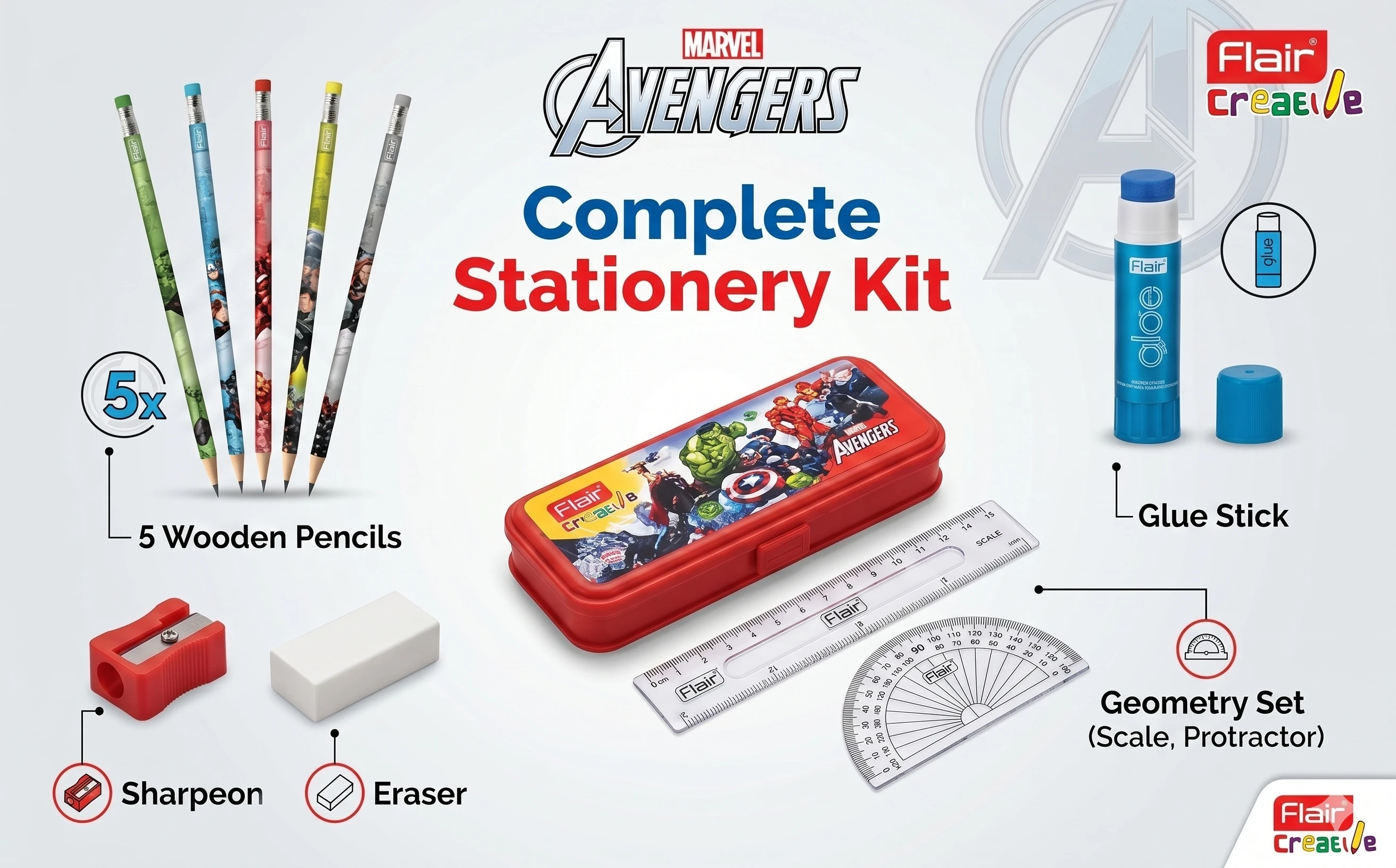 Flair Creative Marvel Avengers Executive Stationery Combo – Premium Multi-Utility Art Kit with Geometry Set and Travel-Friendly Case A+ content image