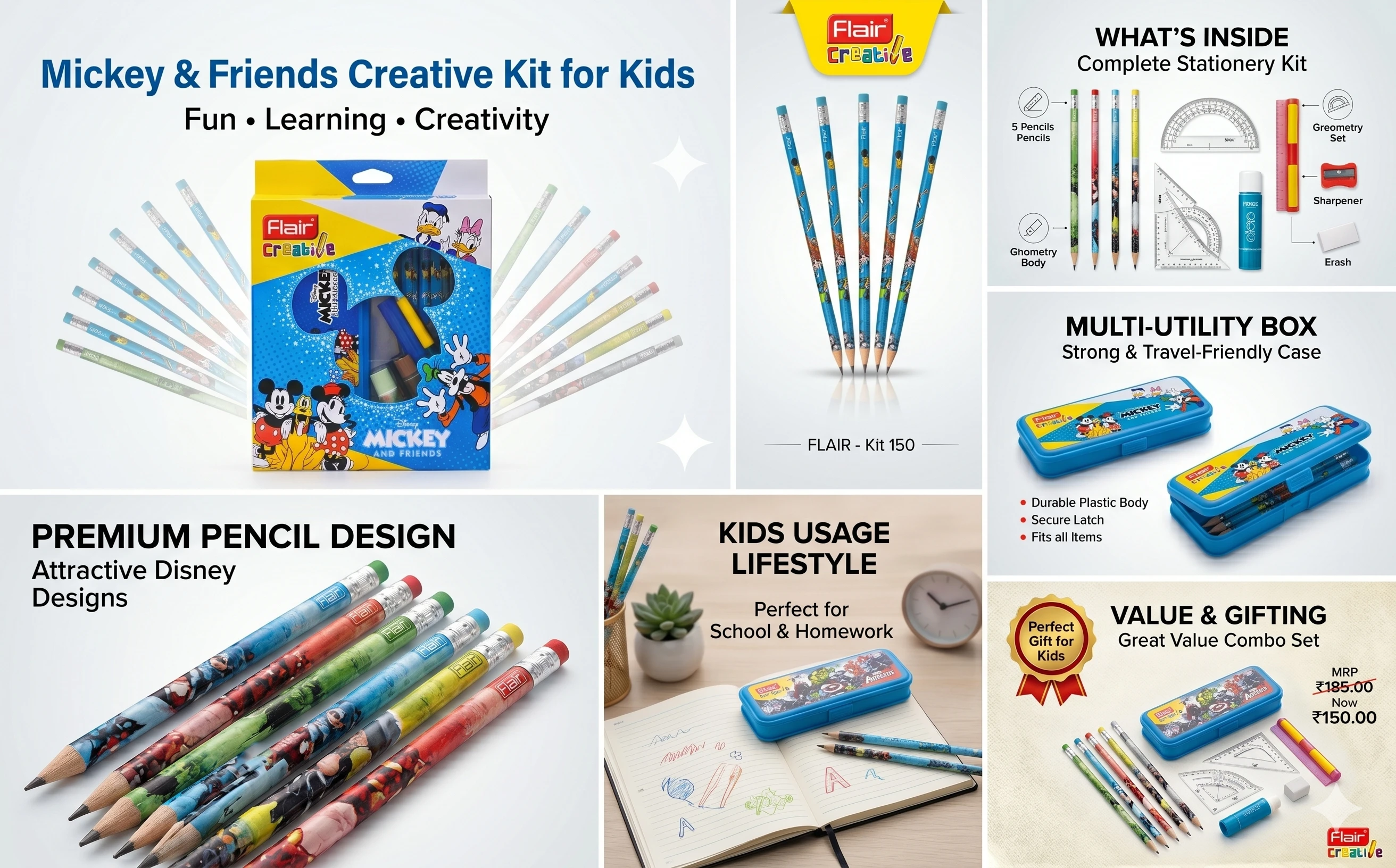 Flair Creative Disney Mickey and Friends Executive Stationery Combo – Premium Multi-Utility Art Kit with Geometry Set and Professional Glue Stick A+ content image