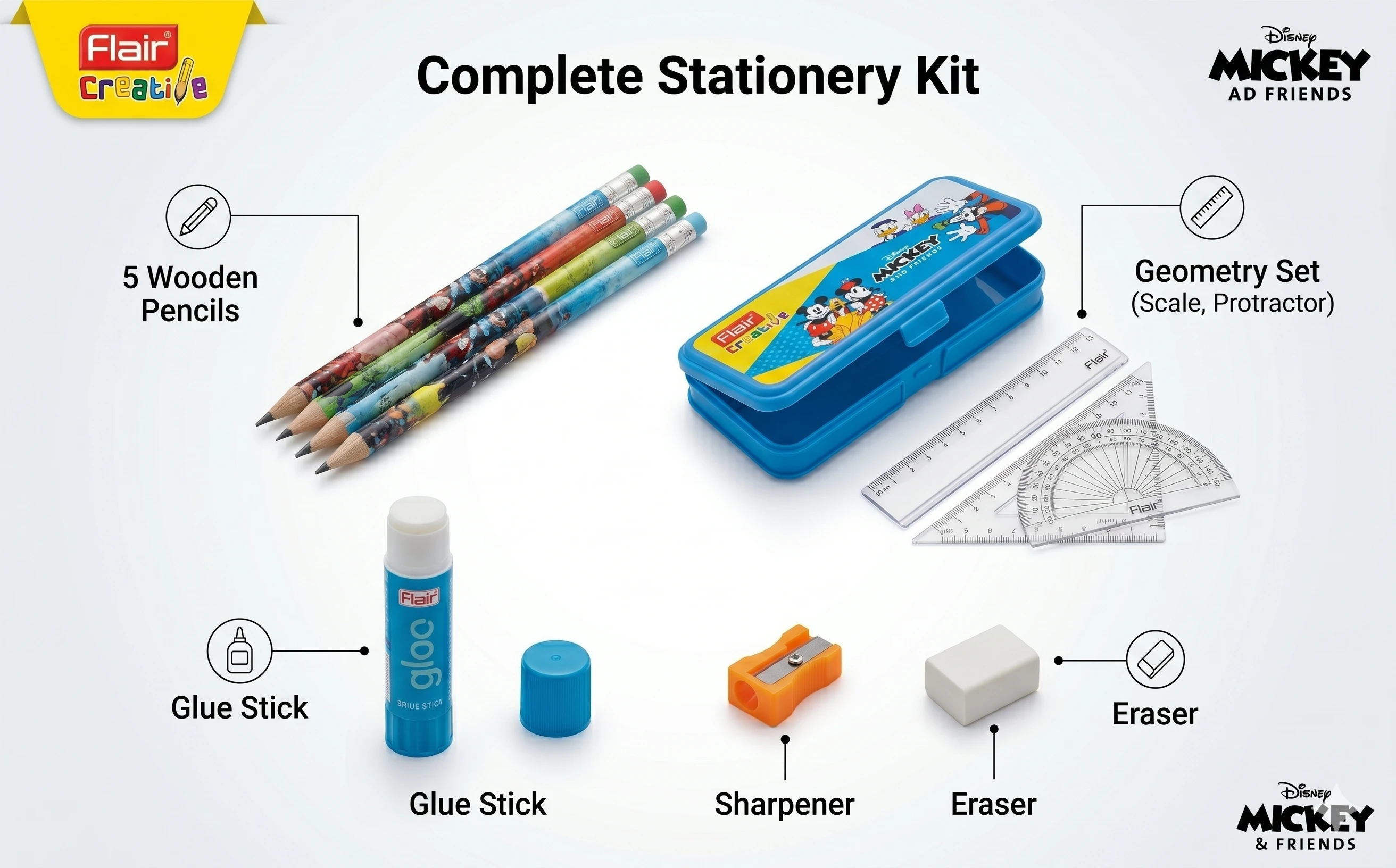 Flair Creative Disney Mickey and Friends Executive Stationery Combo – Premium Multi-Utility Art Kit with Geometry Set and Professional Glue Stick A+ content image