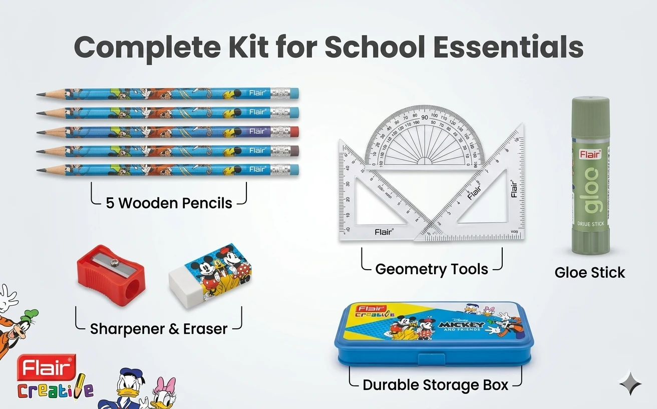 Flair Creative Disney Mickey and Friends Executive Stationery Combo – Premium Multi-Utility Art Kit with Geometry Set and Professional Glue Stick A+ content image