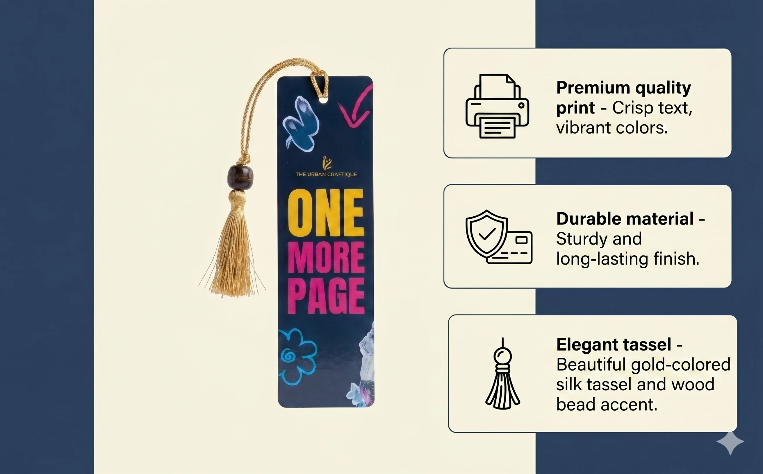 THE URBAN CRAFTIQUE Handcrafted "One More Page" Premium Bookmark with Elegant Gold Tassel and Wooden Bead – Perfect for Book Lovers, Students, and Gifting A+ content image
