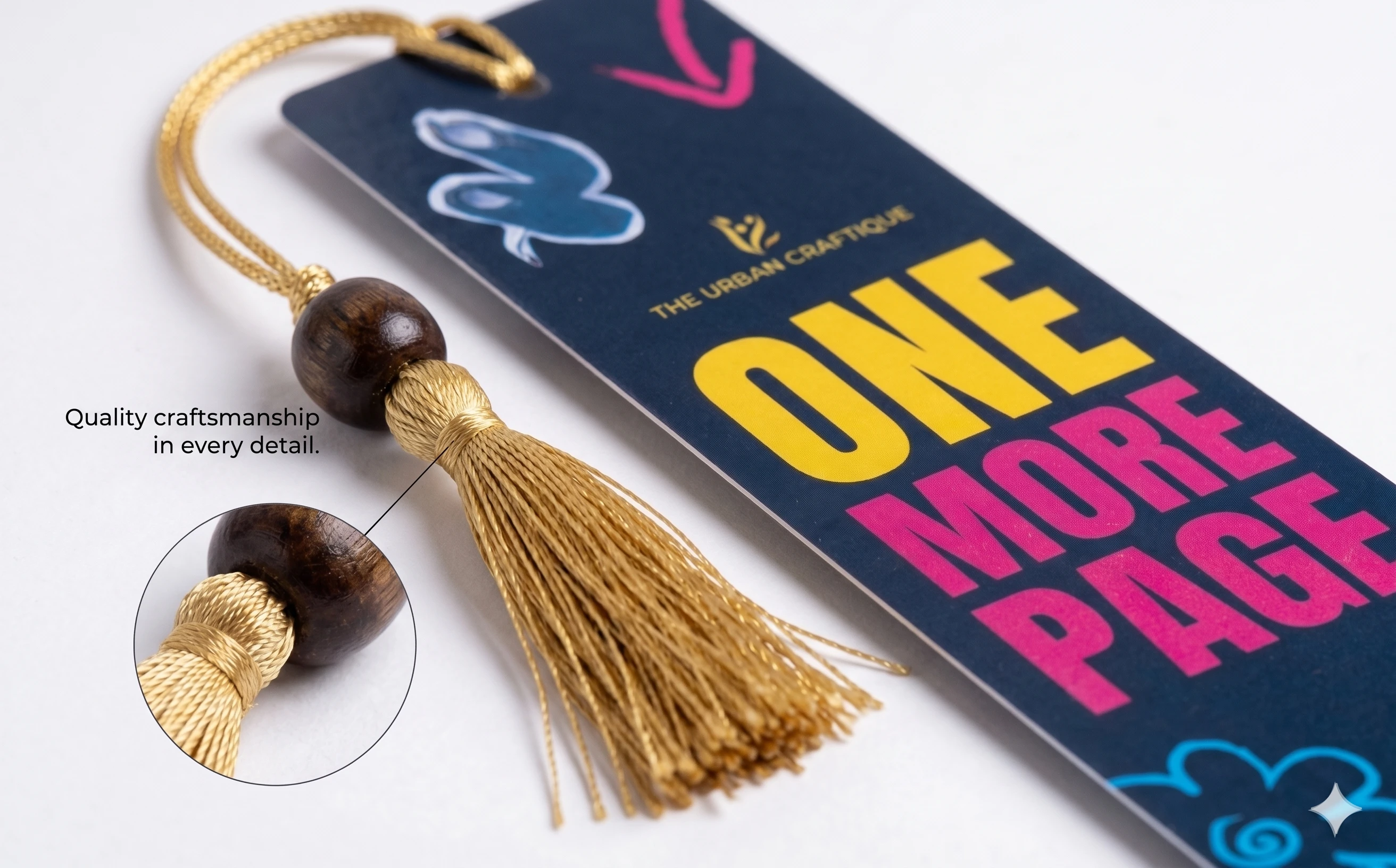 THE URBAN CRAFTIQUE Handcrafted "One More Page" Premium Bookmark with Elegant Gold Tassel and Wooden Bead – Perfect for Book Lovers, Students, and Gifting A+ content image