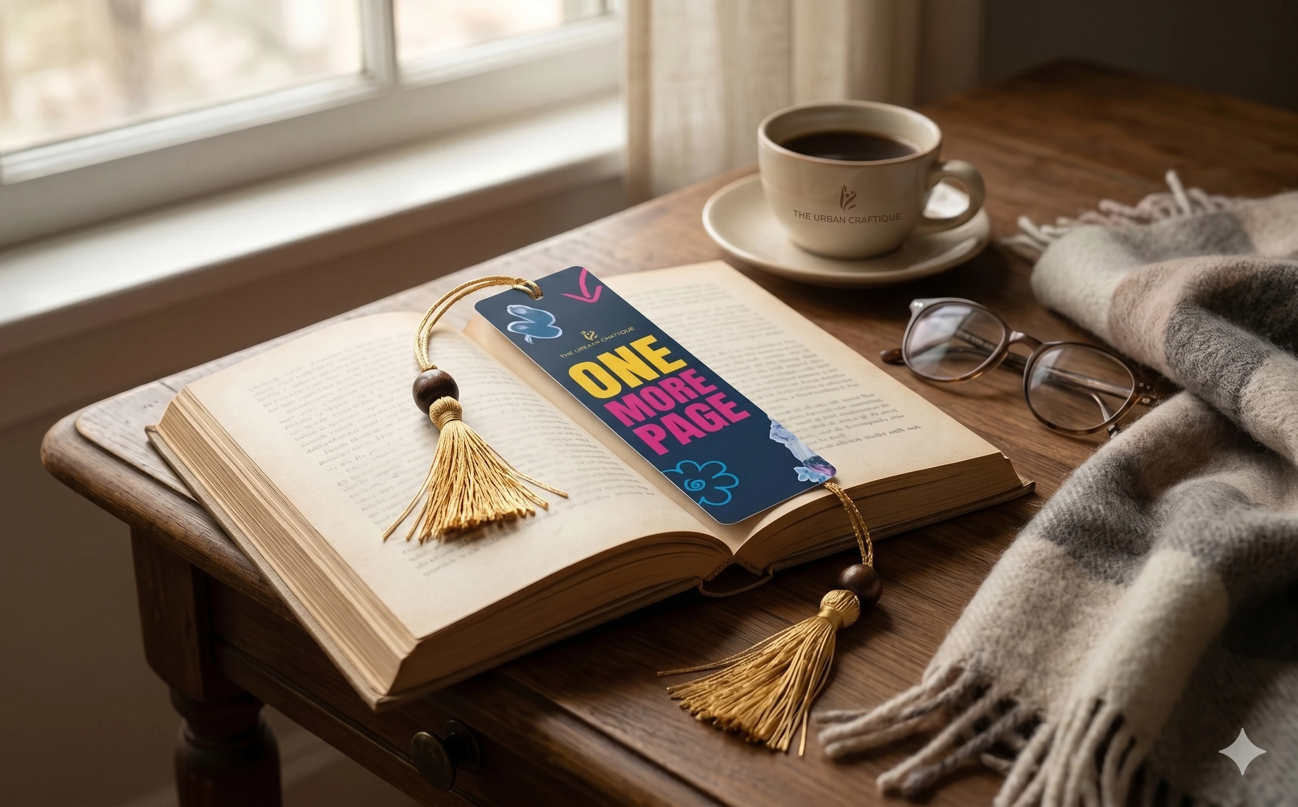 THE URBAN CRAFTIQUE Handcrafted "One More Page" Premium Bookmark with Elegant Gold Tassel and Wooden Bead – Perfect for Book Lovers, Students, and Gifting A+ content image