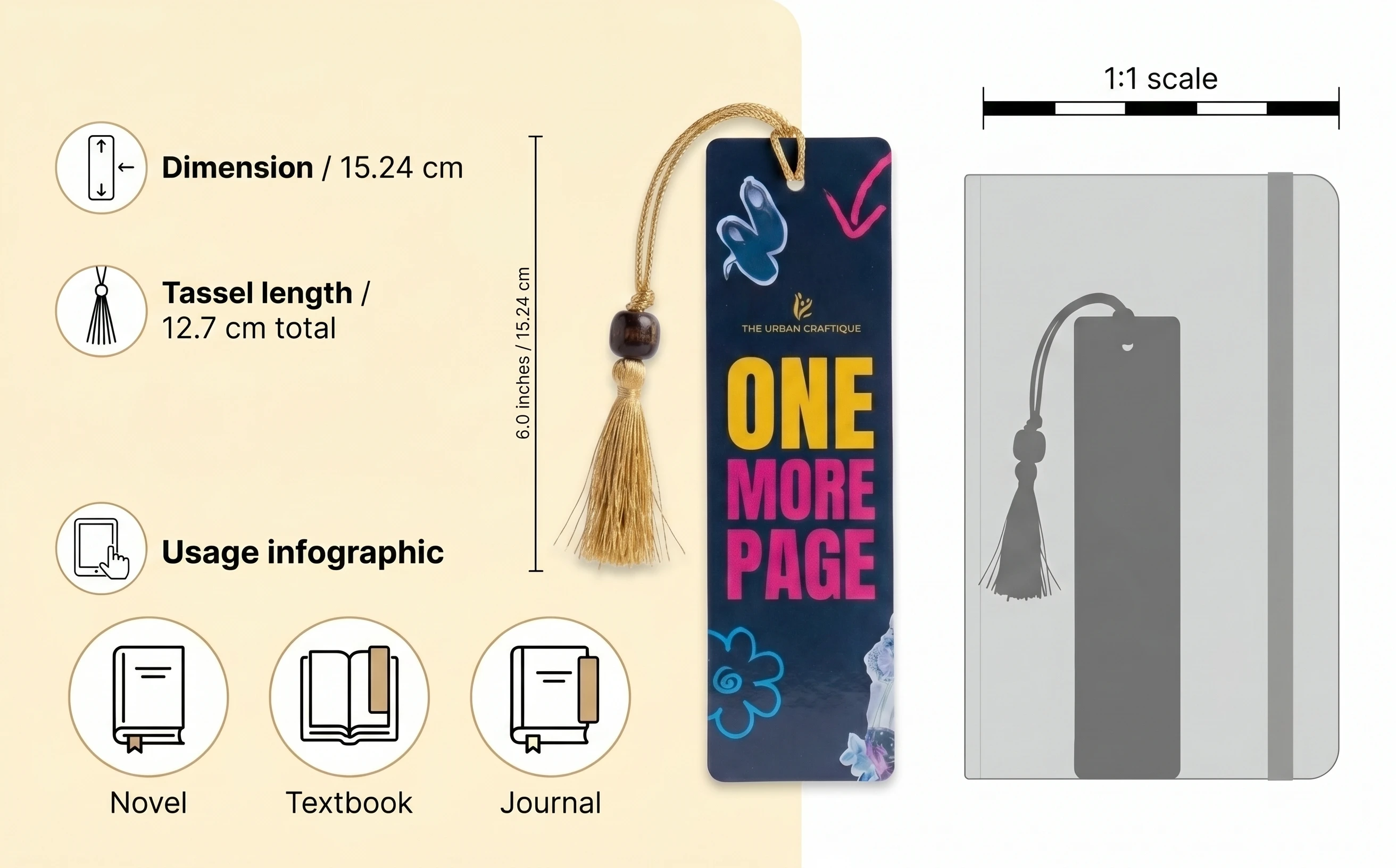 THE URBAN CRAFTIQUE Handcrafted "One More Page" Premium Bookmark with Elegant Gold Tassel and Wooden Bead – Perfect for Book Lovers, Students, and Gifting A+ content image
