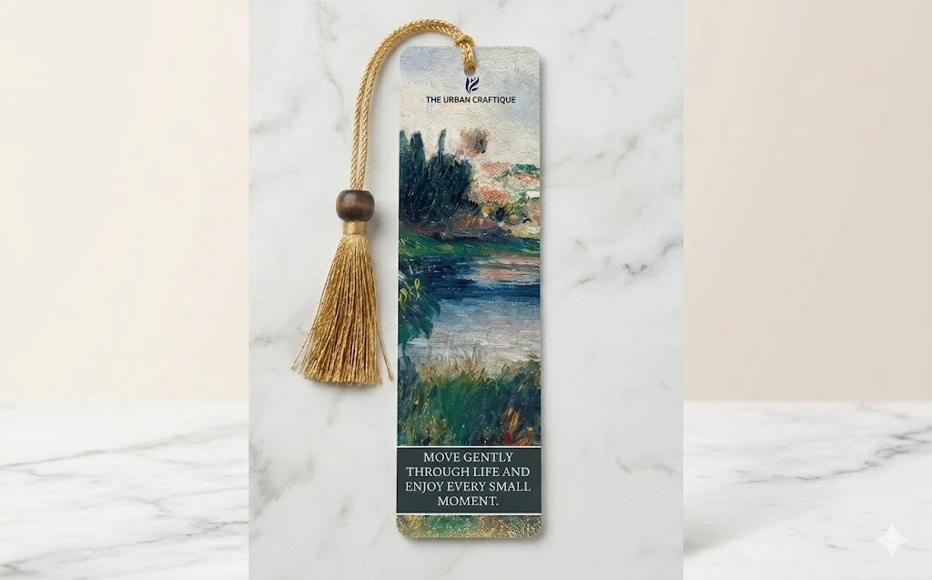 THE URBAN CRAFTIQUE Artistic Nature Bookmark with "Move Gently" Quote, Impressionist Oil Painting Design, Premium Gold Tassel and Wooden Bead – Aesthetic Gift for Readers A+ content image