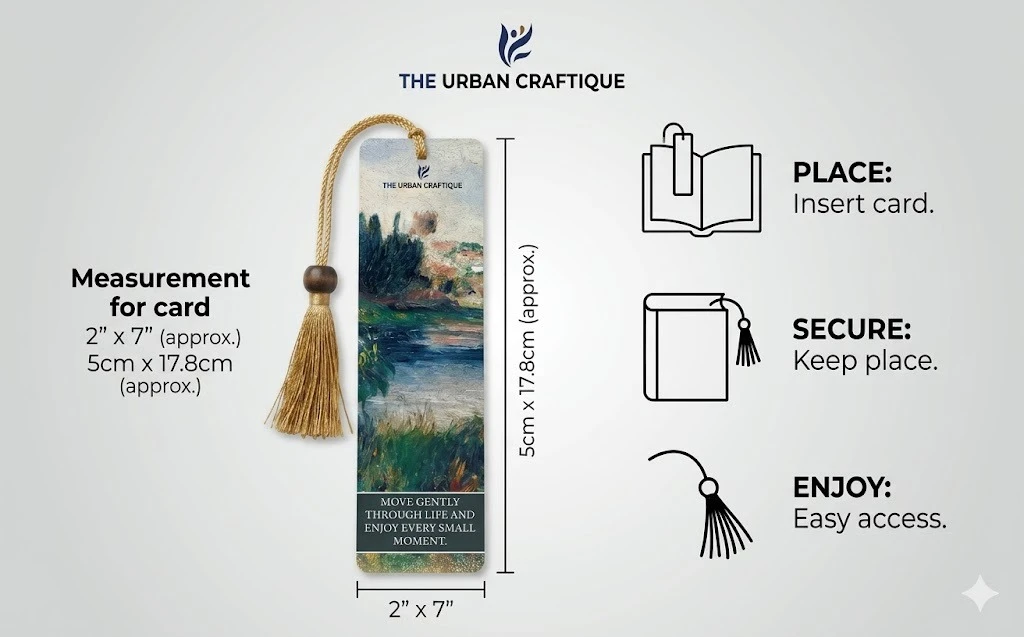 THE URBAN CRAFTIQUE Artistic Nature Bookmark with "Move Gently" Quote, Impressionist Oil Painting Design, Premium Gold Tassel and Wooden Bead – Aesthetic Gift for Readers A+ content image
