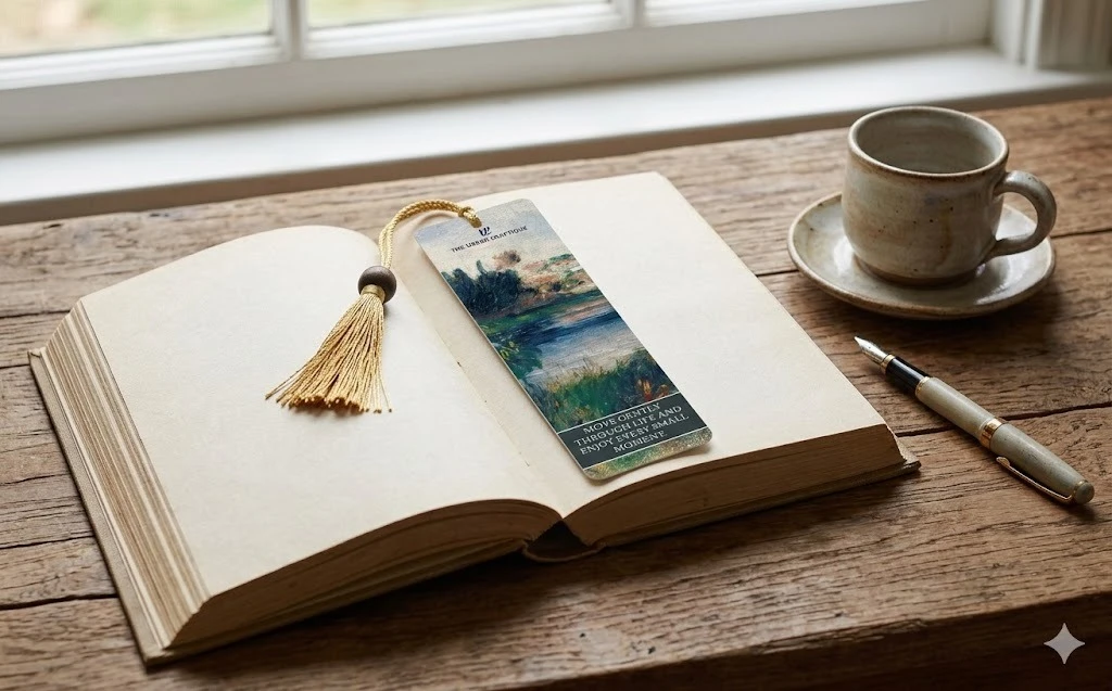 THE URBAN CRAFTIQUE Artistic Nature Bookmark with "Move Gently" Quote, Impressionist Oil Painting Design, Premium Gold Tassel and Wooden Bead – Aesthetic Gift for Readers A+ content image