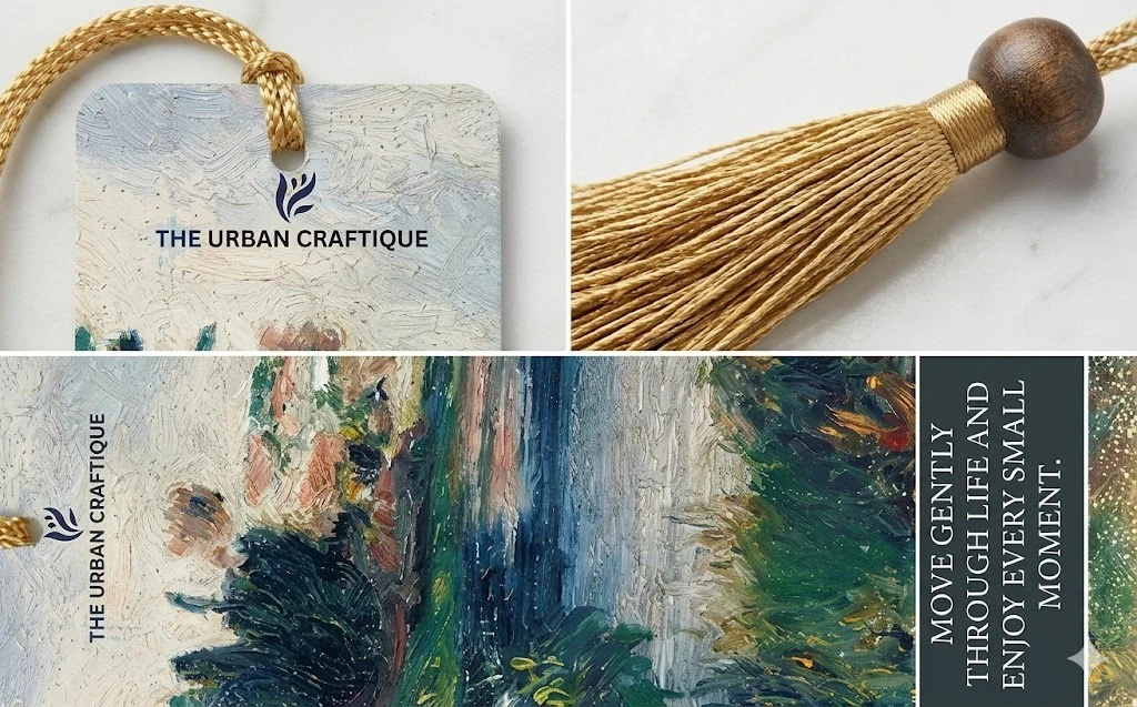 THE URBAN CRAFTIQUE Artistic Nature Bookmark with "Move Gently" Quote, Impressionist Oil Painting Design, Premium Gold Tassel and Wooden Bead – Aesthetic Gift for Readers A+ content image