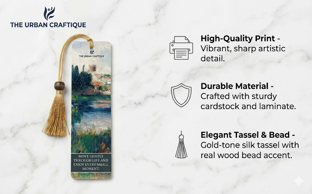 THE URBAN CRAFTIQUE Artistic Nature Bookmark with "Move Gently" Quote, Impressionist Oil Painting Design, Premium Gold Tassel and Wooden Bead – Aesthetic Gift for Readers A+ content image
