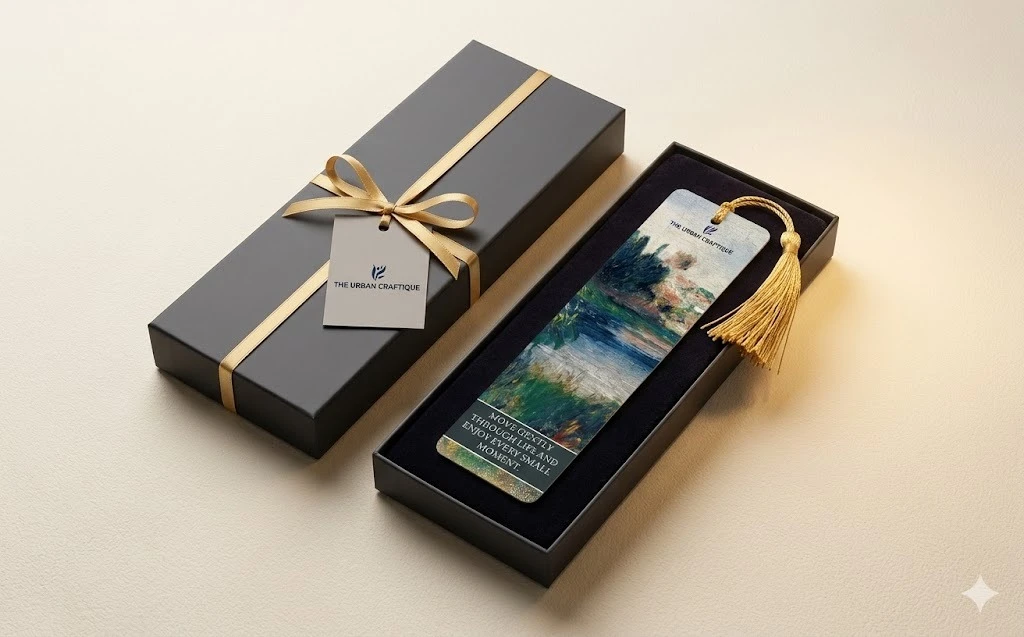 THE URBAN CRAFTIQUE Artistic Nature Bookmark with "Move Gently" Quote, Impressionist Oil Painting Design, Premium Gold Tassel and Wooden Bead – Aesthetic Gift for Readers A+ content image