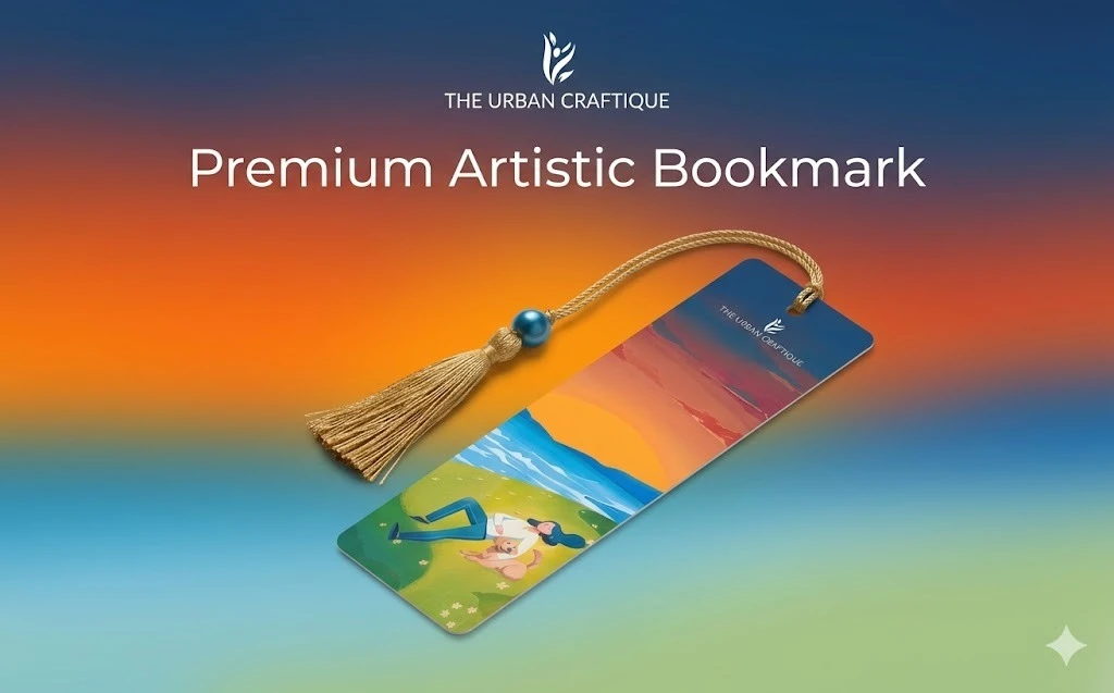 THE URBAN CRAFTIQUE Serene Sunset Illustration Bookmark with Elegant Gold Tassel and Blue Pearl Bead – Aesthetic Handcrafted Bookmark for Dog Lovers and Readers A+ content image