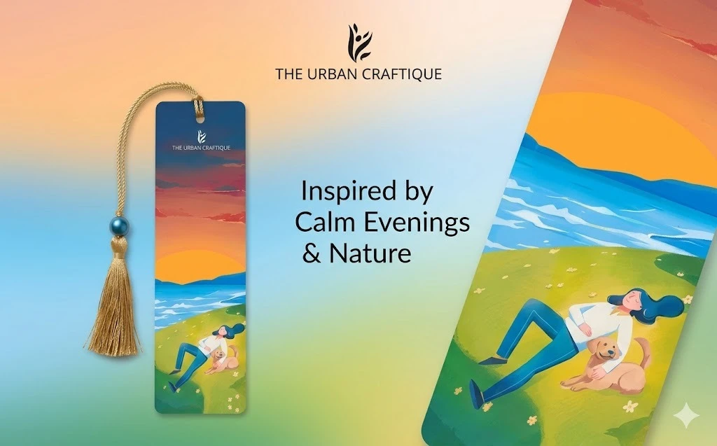THE URBAN CRAFTIQUE Serene Sunset Illustration Bookmark with Elegant Gold Tassel and Blue Pearl Bead – Aesthetic Handcrafted Bookmark for Dog Lovers and Readers A+ content image