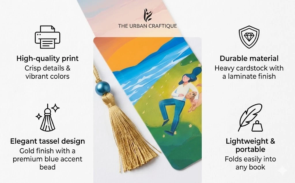 THE URBAN CRAFTIQUE Serene Sunset Illustration Bookmark with Elegant Gold Tassel and Blue Pearl Bead – Aesthetic Handcrafted Bookmark for Dog Lovers and Readers A+ content image