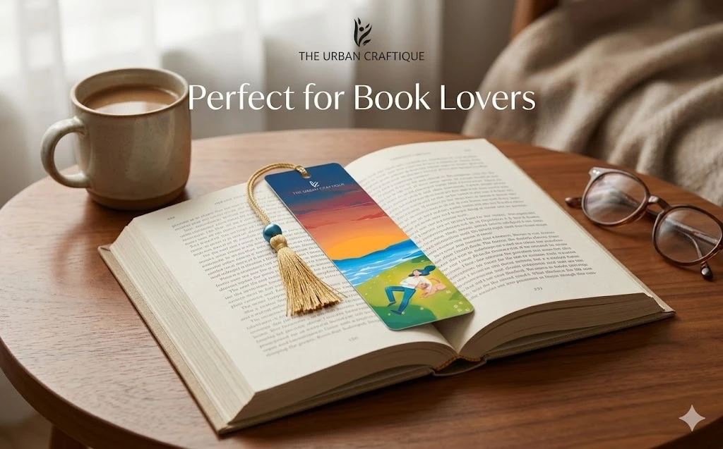 THE URBAN CRAFTIQUE Serene Sunset Illustration Bookmark with Elegant Gold Tassel and Blue Pearl Bead – Aesthetic Handcrafted Bookmark for Dog Lovers and Readers A+ content image