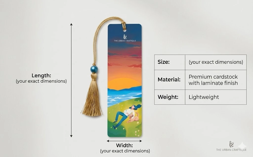 THE URBAN CRAFTIQUE Serene Sunset Illustration Bookmark with Elegant Gold Tassel and Blue Pearl Bead – Aesthetic Handcrafted Bookmark for Dog Lovers and Readers A+ content image