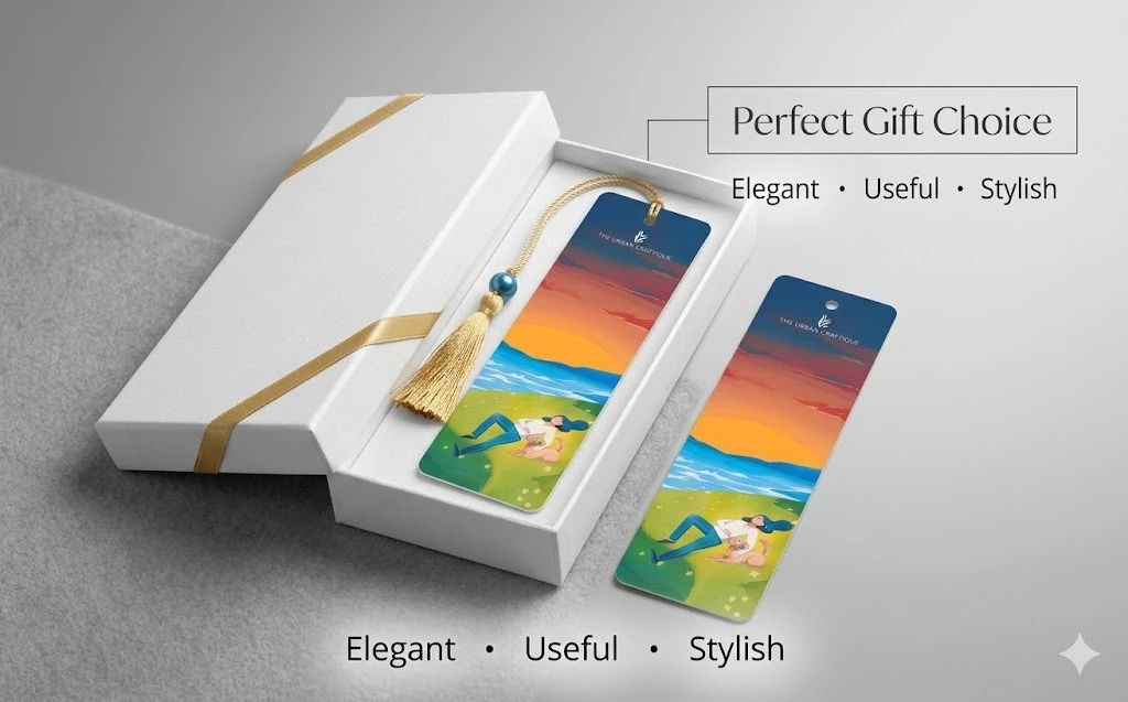 THE URBAN CRAFTIQUE Serene Sunset Illustration Bookmark with Elegant Gold Tassel and Blue Pearl Bead – Aesthetic Handcrafted Bookmark for Dog Lovers and Readers A+ content image