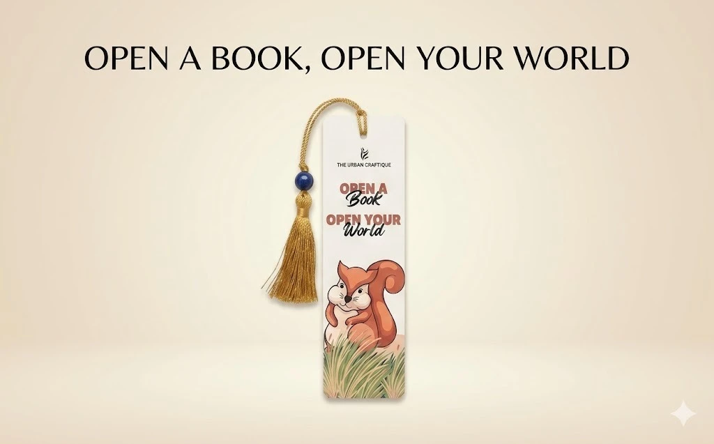 THE URBAN CRAFTIQUE "Open Your World" Squirrel Illustration Bookmark with Elegant Gold Tassel and Royal Blue Bead – Cute Inspirational Handcrafted Gift for Kids and Book Lovers A+ content image