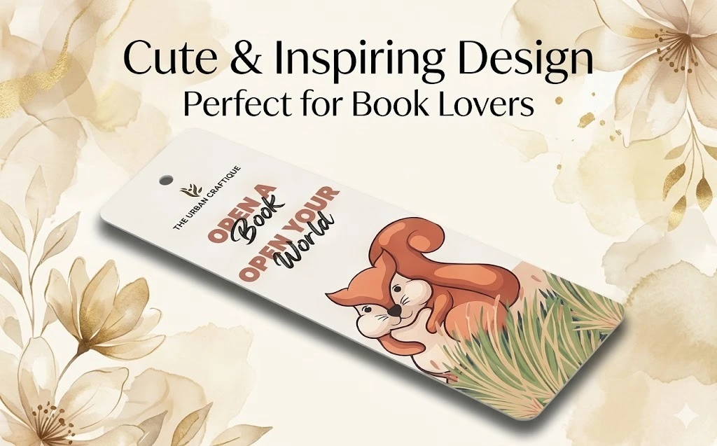 THE URBAN CRAFTIQUE "Open Your World" Squirrel Illustration Bookmark with Elegant Gold Tassel and Royal Blue Bead – Cute Inspirational Handcrafted Gift for Kids and Book Lovers A+ content image