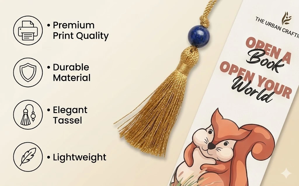 THE URBAN CRAFTIQUE "Open Your World" Squirrel Illustration Bookmark with Elegant Gold Tassel and Royal Blue Bead – Cute Inspirational Handcrafted Gift for Kids and Book Lovers A+ content image