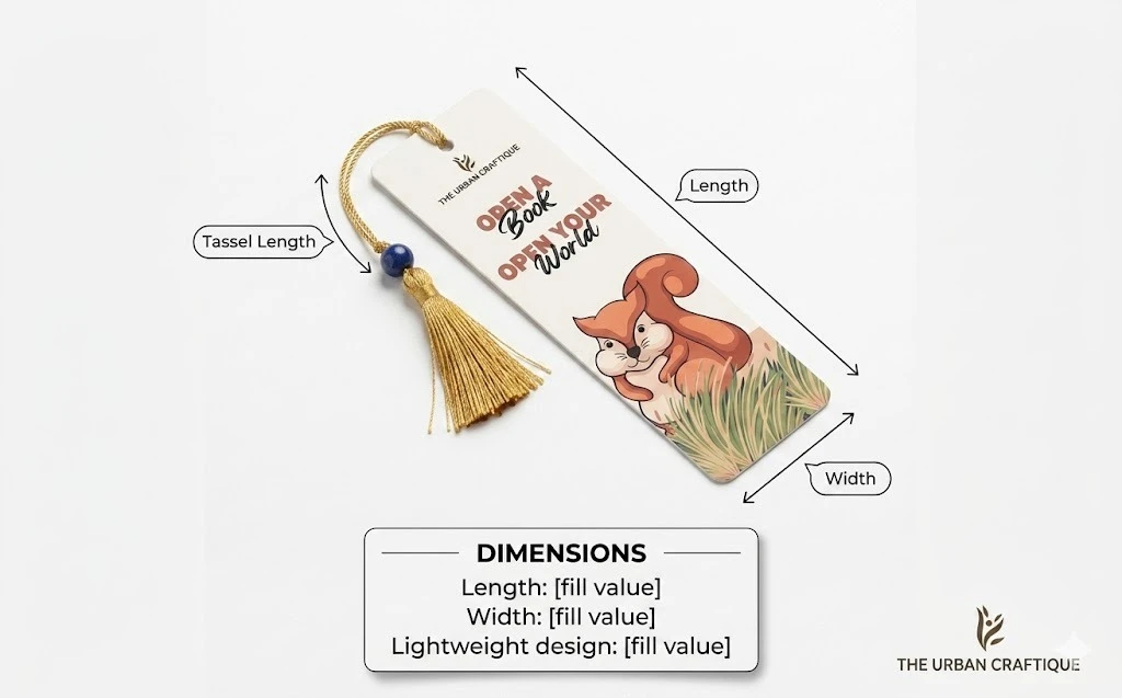 THE URBAN CRAFTIQUE "Open Your World" Squirrel Illustration Bookmark with Elegant Gold Tassel and Royal Blue Bead – Cute Inspirational Handcrafted Gift for Kids and Book Lovers A+ content image