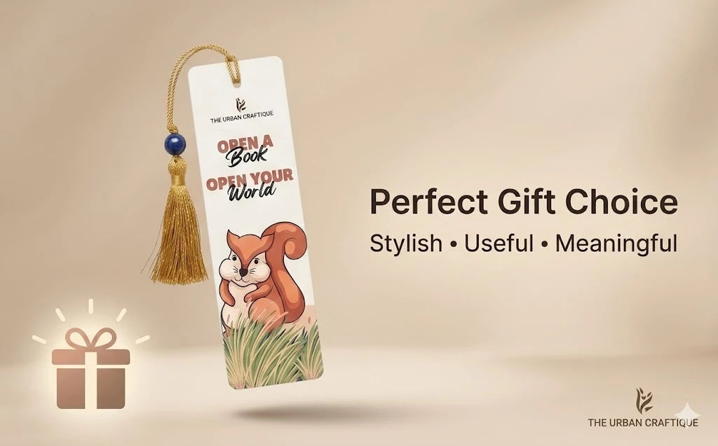 THE URBAN CRAFTIQUE "Open Your World" Squirrel Illustration Bookmark with Elegant Gold Tassel and Royal Blue Bead – Cute Inspirational Handcrafted Gift for Kids and Book Lovers A+ content image
