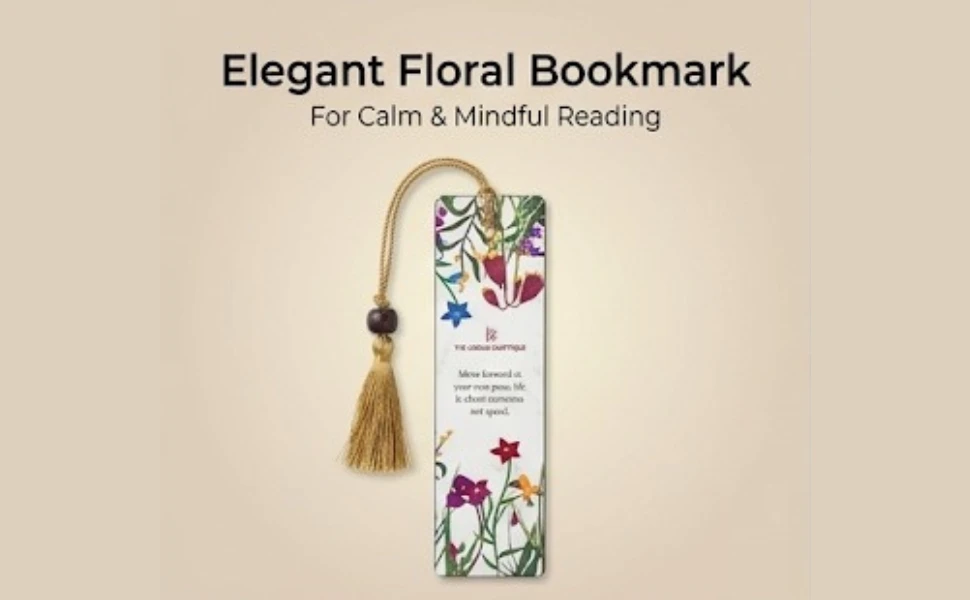 THE URBAN CRAFTIQUE Botanical Floral Bookmark with "Move Forward" Quote, Elegant Gold Tassel and Burgundy Wood Bead – Premium Handcrafted Gift for Readers and Nature Lovers A+ content image