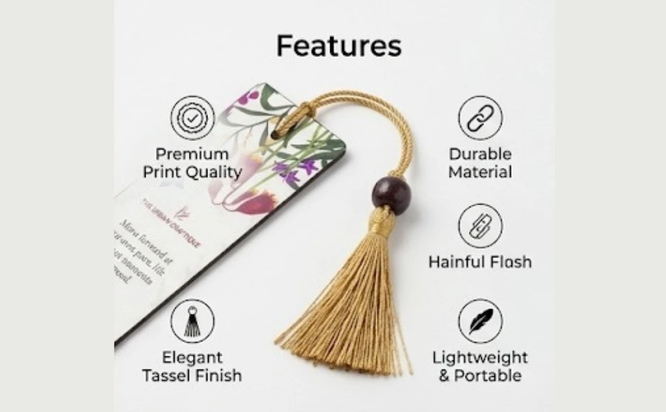 THE URBAN CRAFTIQUE Botanical Floral Bookmark with "Move Forward" Quote, Elegant Gold Tassel and Burgundy Wood Bead – Premium Handcrafted Gift for Readers and Nature Lovers A+ content image