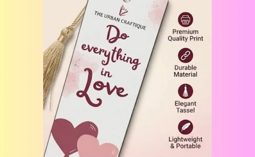 THE URBAN CRAFTIQUE "Do Everything in Love" Heart Illustration Bookmark with Elegant Gold Tassel and Teal Pearl Bead – Handcrafted Aesthetic Gift for Valentine's, Anniversaries, and Readers A+ content image
