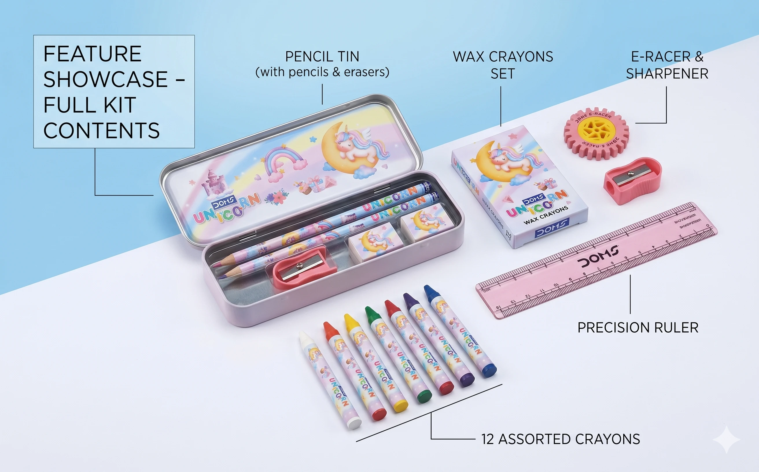 DOMS Unicorn Dream Premium Stationery Kit – Deluxe 7-Piece All-in-One Art & Writing Set with Metal Pencil Box for Students A+ content image