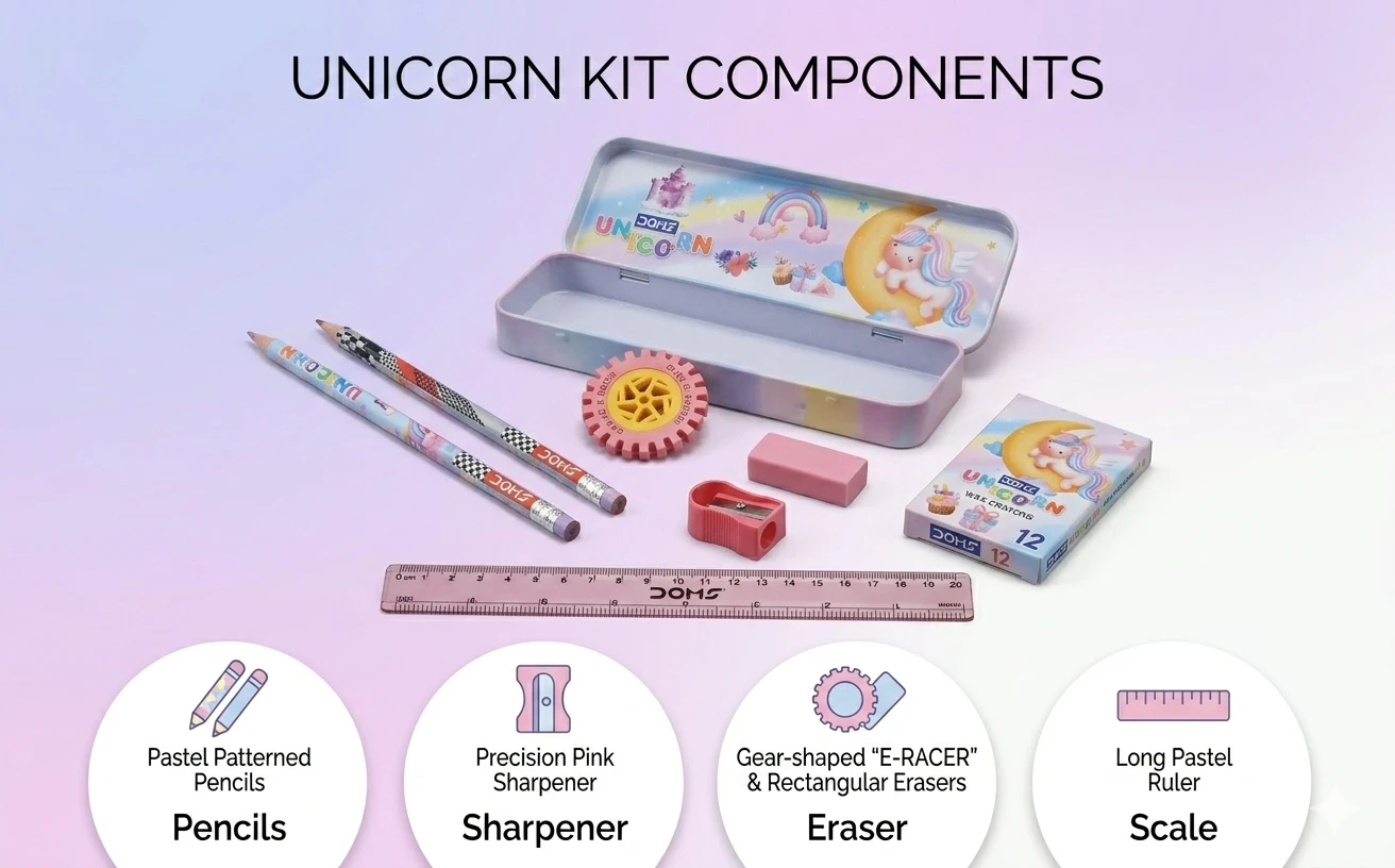 DOMS Unicorn Dream Premium Stationery Kit – Deluxe 7-Piece All-in-One Art & Writing Set with Metal Pencil Box for Students A+ content image