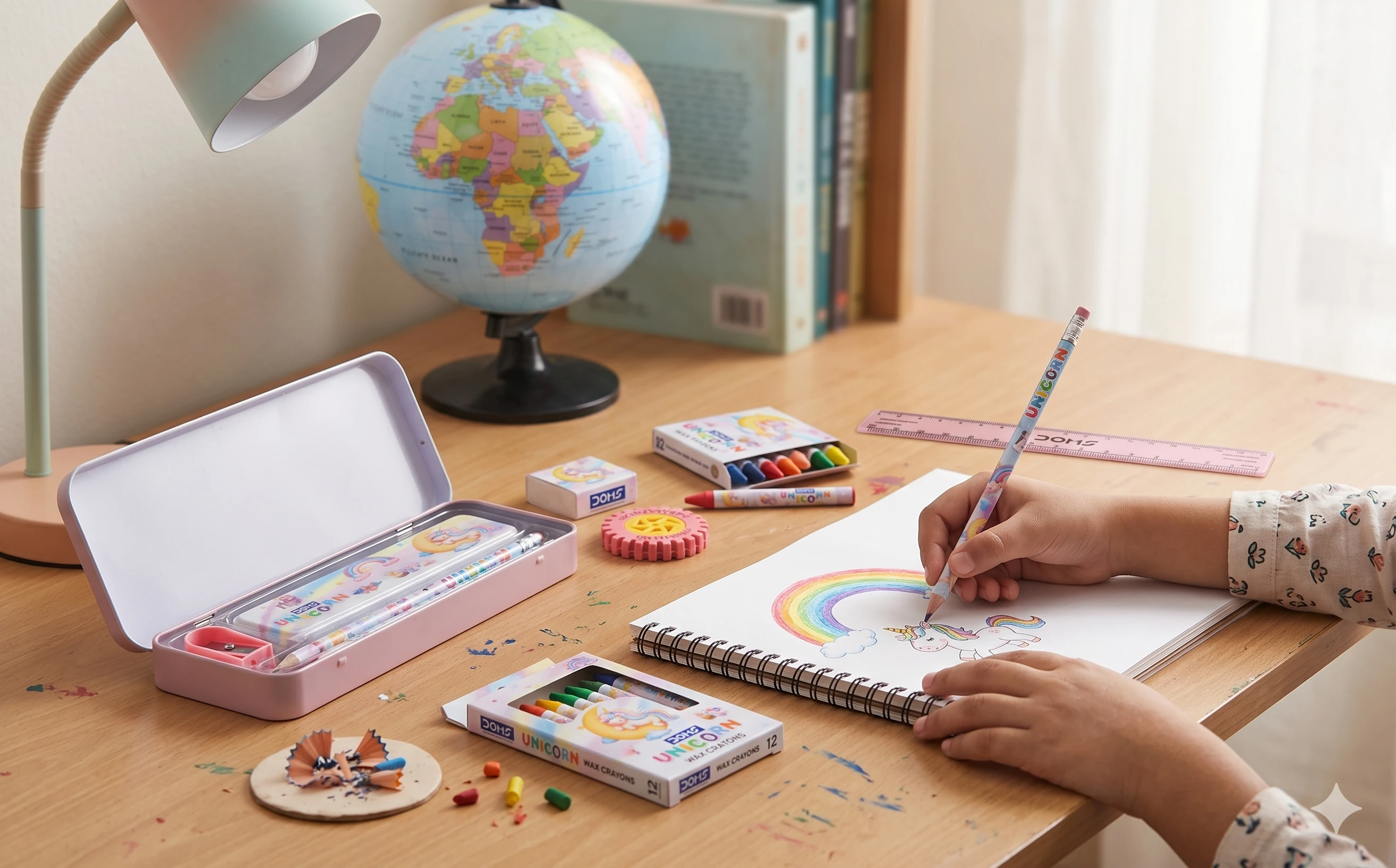 DOMS Unicorn Dream Premium Stationery Kit – Deluxe 7-Piece All-in-One Art & Writing Set with Metal Pencil Box for Students A+ content image