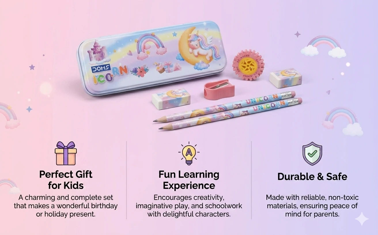 DOMS Unicorn Dream Premium Stationery Kit – Deluxe 7-Piece All-in-One Art & Writing Set with Metal Pencil Box for Students A+ content image