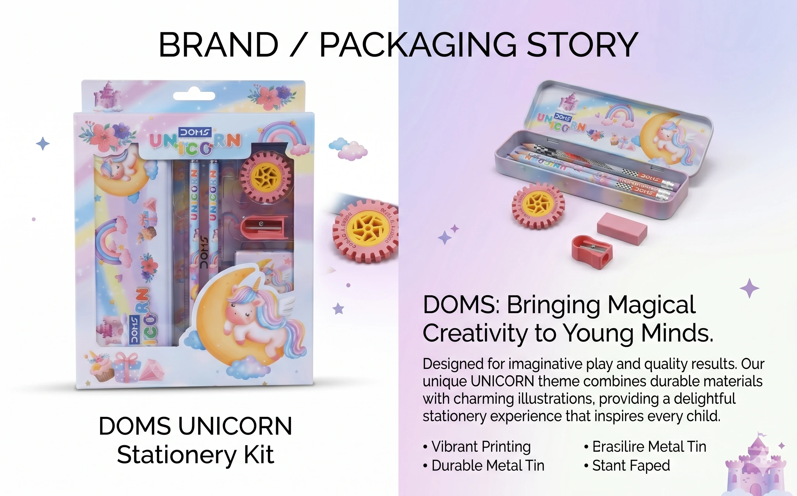 DOMS Unicorn Dream Premium Stationery Kit – Deluxe 7-Piece All-in-One Art & Writing Set with Metal Pencil Box for Students A+ content image