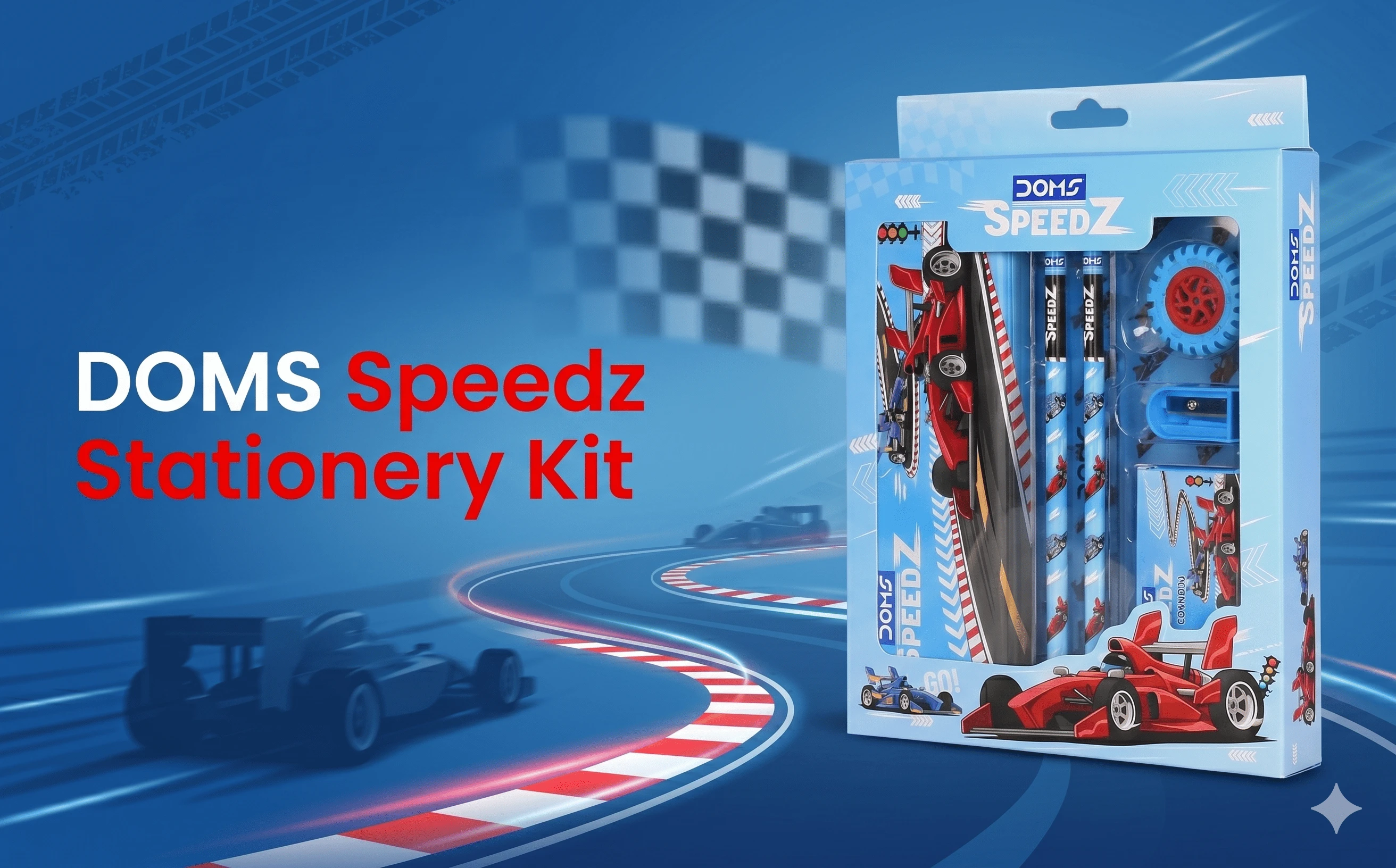 DOMS SpeedZ Racing Edition Premium Stationery Kit – Professional 7-Piece All-in-One Art & Writing Set with Metal Pencil Box for Students A+ content image