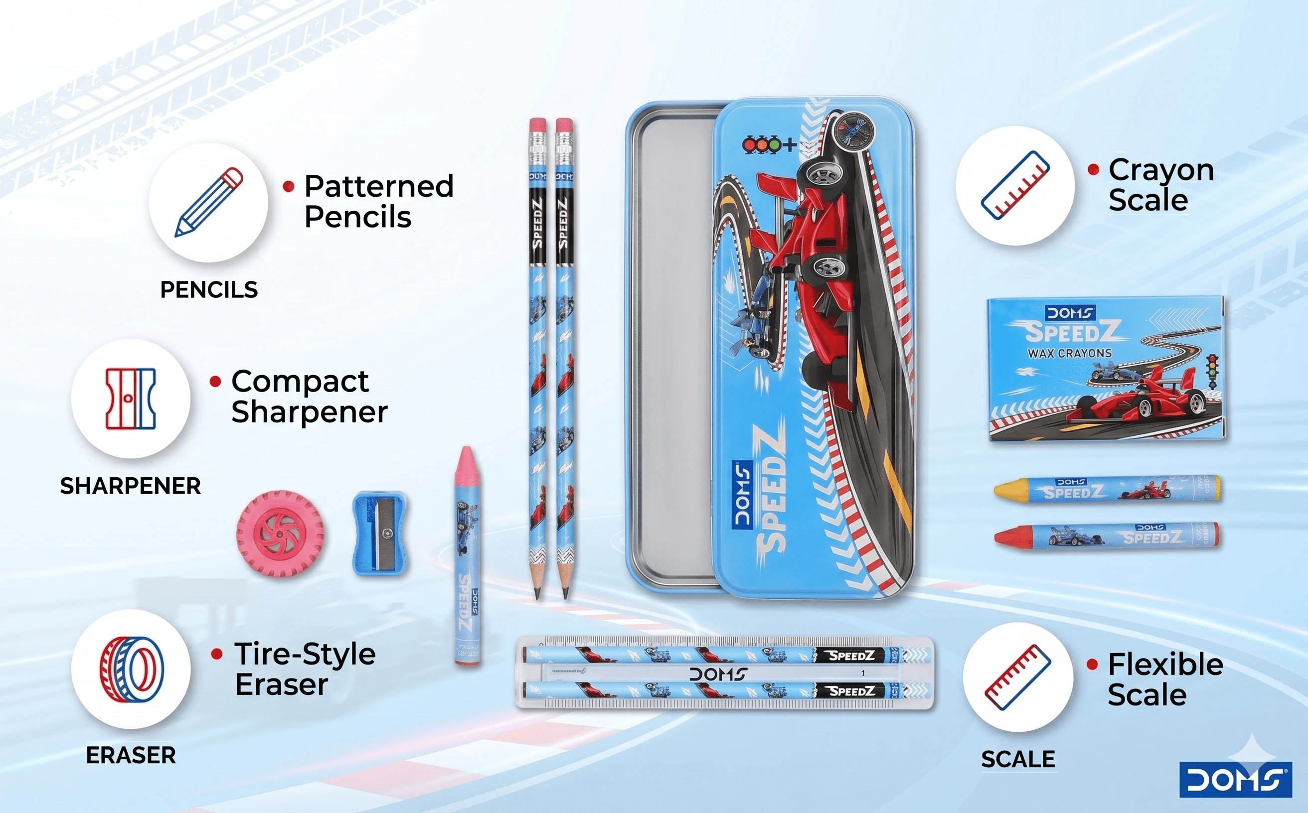 DOMS SpeedZ Racing Edition Premium Stationery Kit – Professional 7-Piece All-in-One Art & Writing Set with Metal Pencil Box for Students A+ content image