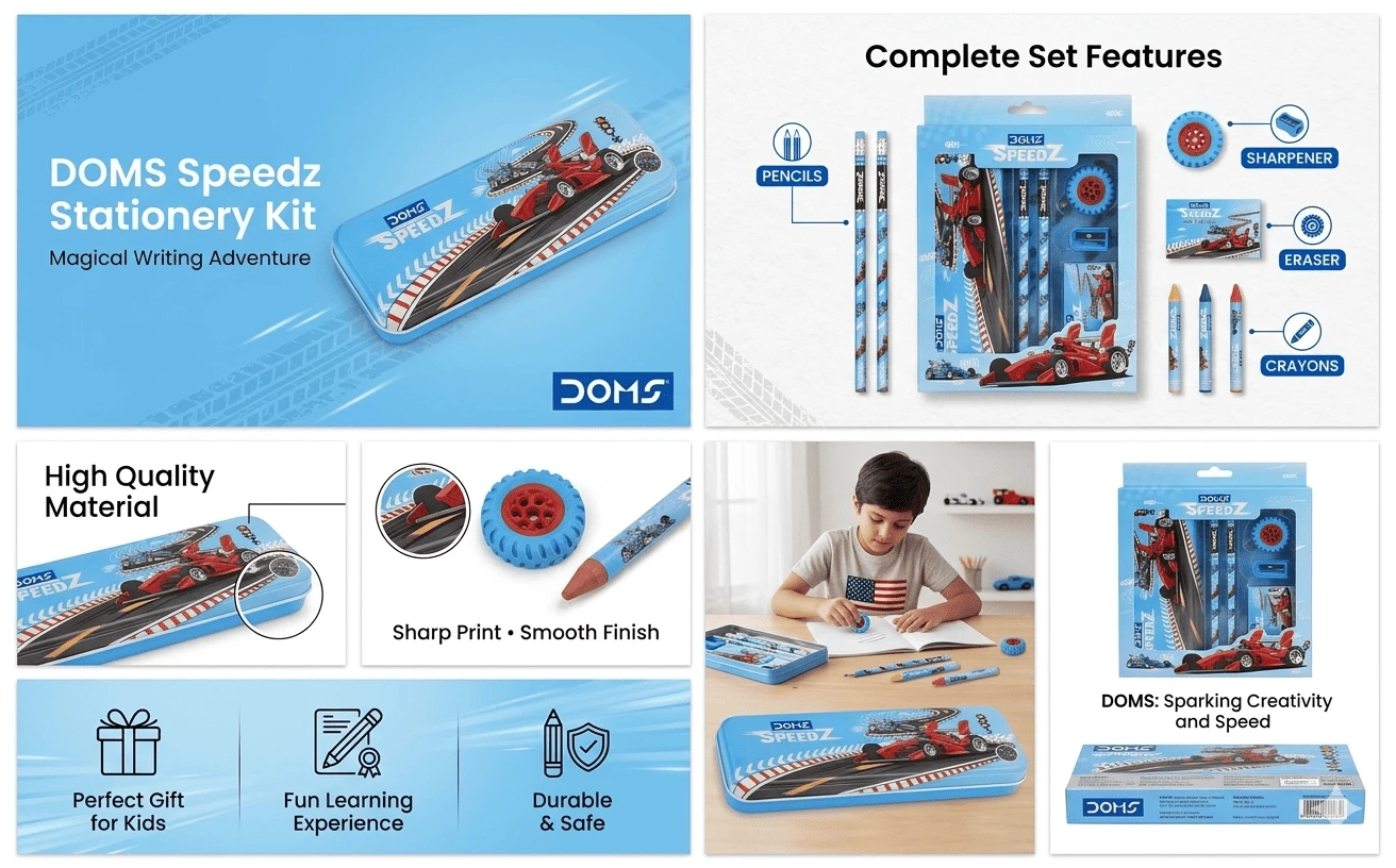 DOMS SpeedZ Racing Edition Premium Stationery Kit – Professional 7-Piece All-in-One Art & Writing Set with Metal Pencil Box for Students A+ content image