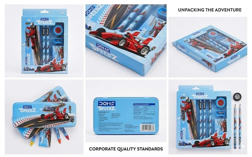 DOMS SpeedZ Racing Edition Premium Stationery Kit – Professional 7-Piece All-in-One Art & Writing Set with Metal Pencil Box for Students A+ content image