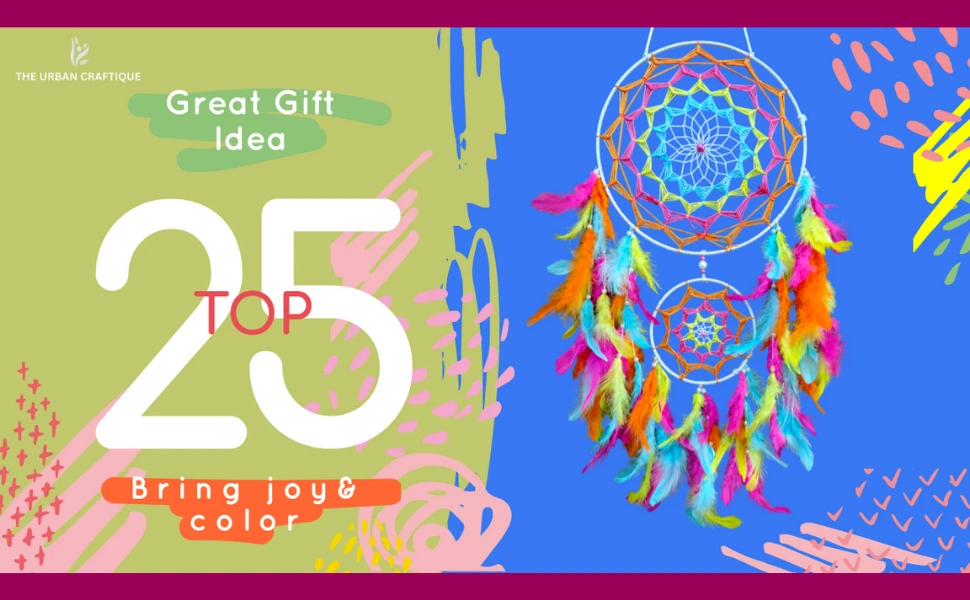 THE URBAN CRAFTIQUE Handcrafted Dual-Hoop Rainbow Dreamcatcher – Vibrant Boho Wall Hanging for Modern Home Decor & Gifting A+ content image