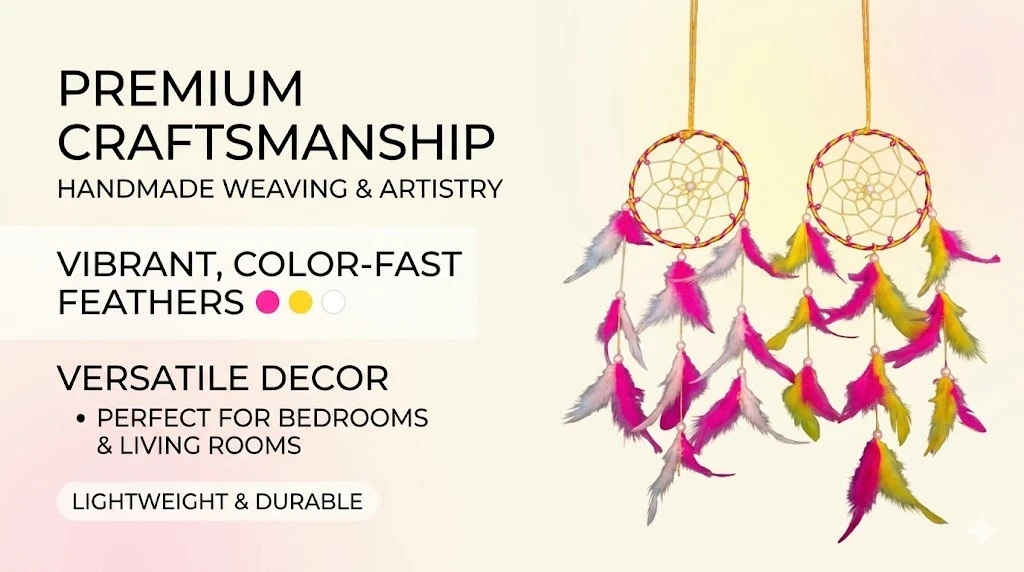 THE URBAN CRAFTIQUE Set of 2 Mini Twin Dreamcatchers – Vibrant Pink & Yellow Feathers for Car Decor, Wall Hanging & Small Spaces A+ content image