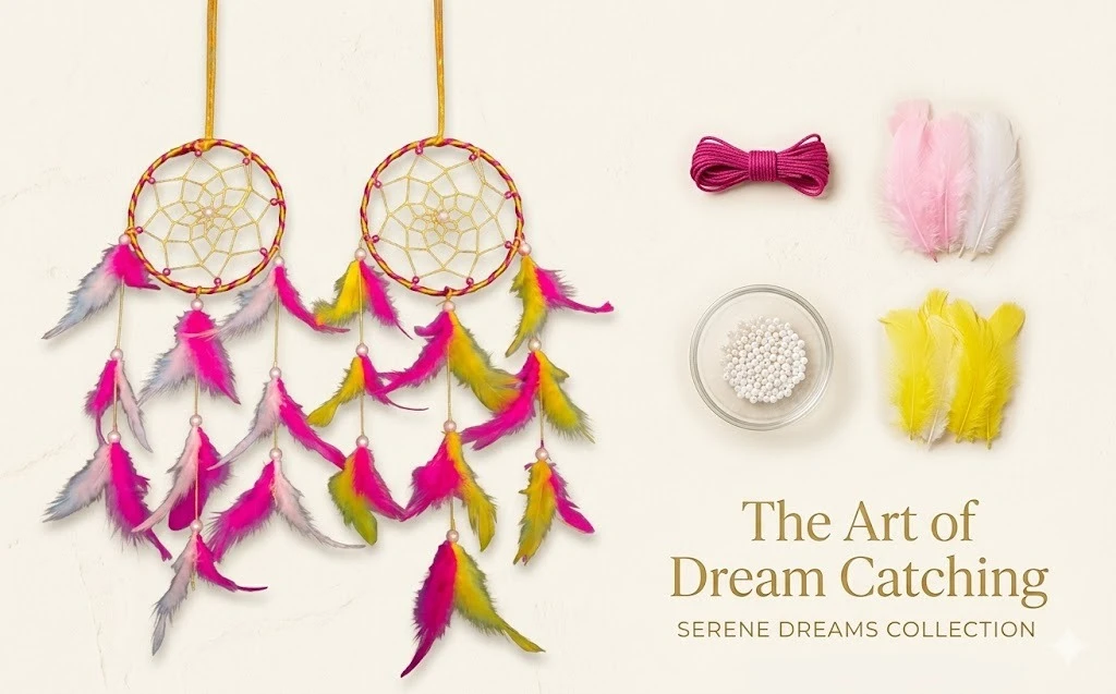 THE URBAN CRAFTIQUE Set of 2 Mini Twin Dreamcatchers – Vibrant Pink & Yellow Feathers for Car Decor, Wall Hanging & Small Spaces A+ content image